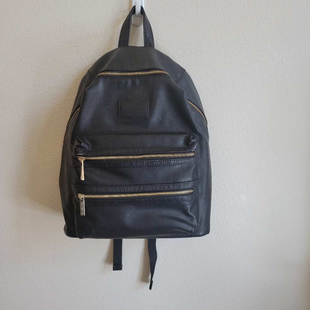 The Honest Co. City Backpack Diaper Bag Black Vegan Leather Gold Zipper Unisex.